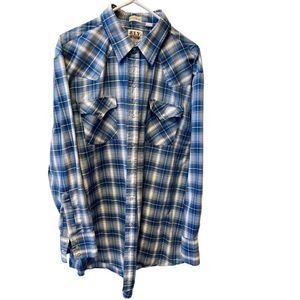 Ely Cattleman, XXL, big man, Pearl snaps , blue gray plaid